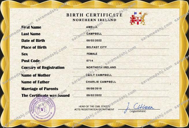 Northern Ireland vital record birth certificate PSD template